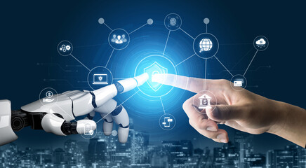 Obraz premium An AI assistant manages a comprehensive cybersecurity network. This smart system provides total protection for digital finance, cloud data, and personal identity authentication. Fermion