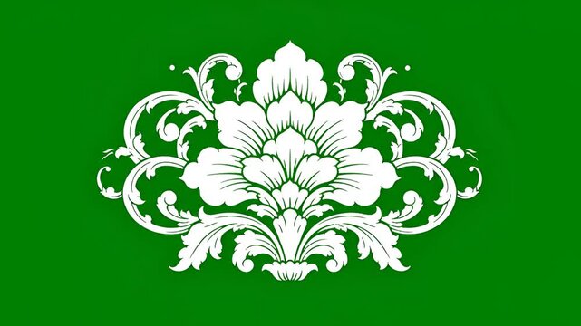 Elegant White Floral Ornament on Vibrant Green Background.
