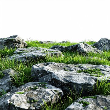 Rough rocks and vibrant green grass creating a natural, textured outdoor scene