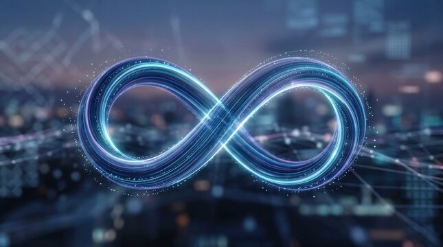 A futuristic, digital infinity symbol with a cityscape in the background.