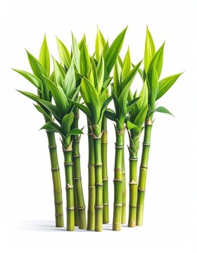 Lush green bamboo stalks, upward growing, vibrant leaves, against white