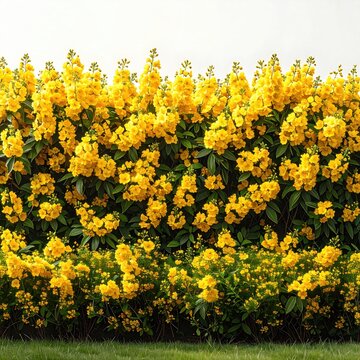 Lush, vibrant yellow flowers bloom abundantly against a backdrop of green leaves