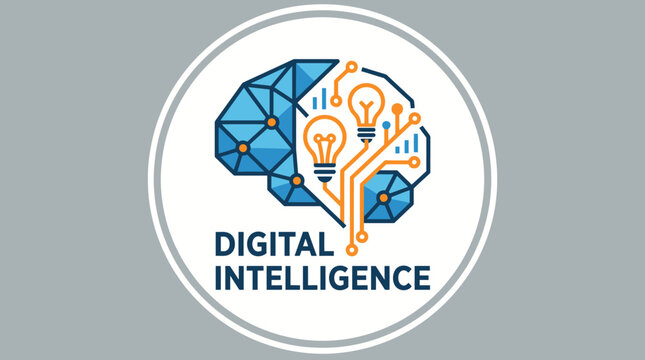 Digital intelligence logo with brain and lightbulb.