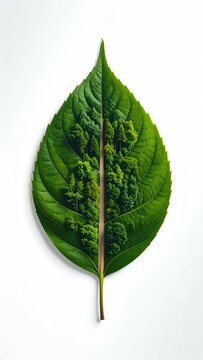 Green leaf intricately detailed, halved, revealing a miniature forest