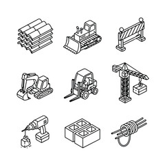 This is a set of nine isometric line art icons featuring various construction equipment, tools, and building materials in a clean black and white style. © Andy
