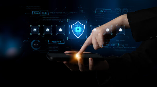 A concept of an advanced cybersecurity system. The futuristic interface shows a multi-factor authentication process using a secure password or PIN for enhanced data protection. Fermion