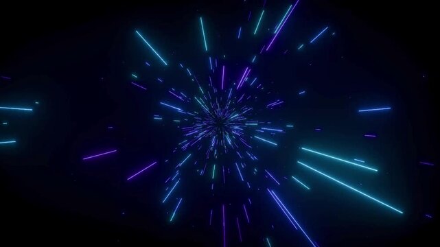 Abstract background with neon light streaks moving in space, digital tunnel of glowing blue and purple lines