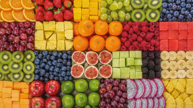 Colorful flat lay of assorted sliced and whole fruits arranged in neat blocks, creating a vibrant geometric pattern across the frame.