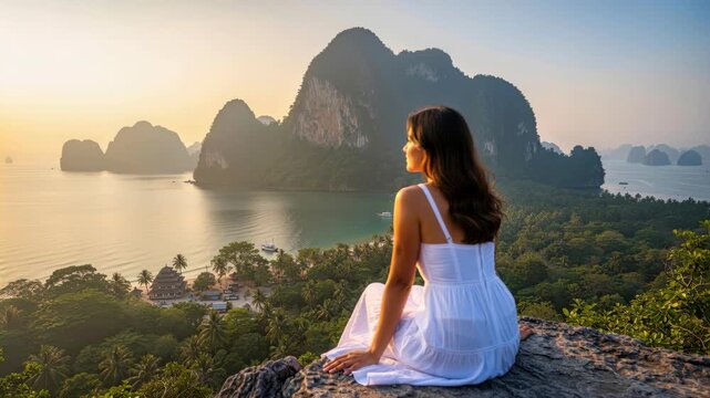 Serenity Overlooking Paradise: A woman in a white sundress sits on a rocky outcrop, gazing at a breathtaking tropical seascape at sunrise.