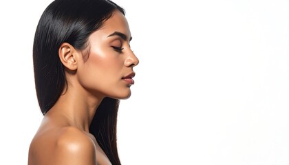 Fototapeta premium A side profile of a woman with long, dark, straight hair, looking serene with closed eyes. The background is white