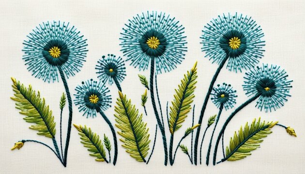 Detailed photograph of intricate teal and yellow dandelion embroidery patterns showcasing beautiful needlework stitched onto a soft white fabric surface
