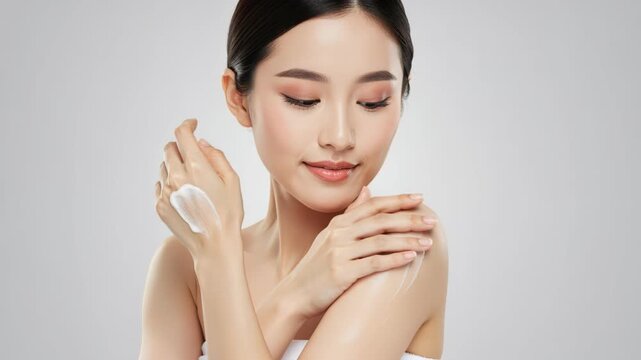 Skincare Beauty: A young Asian woman with flawless skin gently applies moisturizer to her arm, showcasing a radiant complexion and promoting self-care and beauty routines.