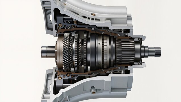 Automatic transmission gearbox cutaway showing internal mechanical components and gear assembly