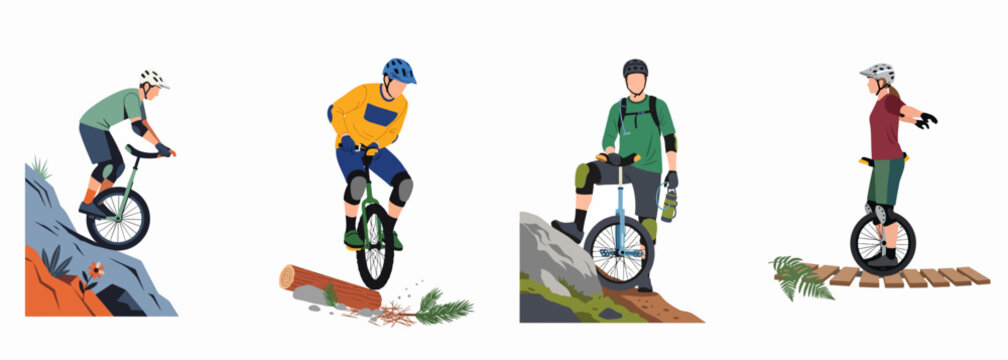 Flat vector illustration set of mountain unicyclists navigating rugged terrain, rocks, and obstacles during an extreme outdoor adventure.