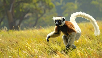 Fototapeta premium A sifaka lemur leaps across a grassy field under a blurred backdrop of trees. Its white, brown, and black fur creates a stunning contrast