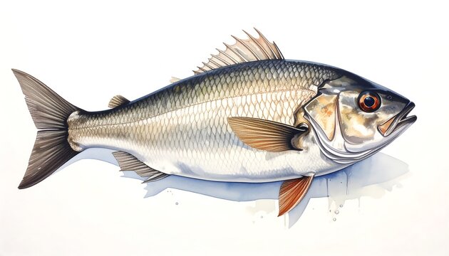 A side-view illustration of a silvery fish with a distinctive fin and detailed scales, set against a white backdrop