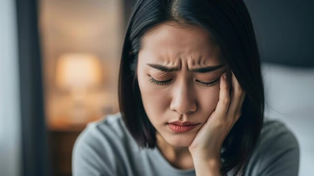 Stressed Woman with Hand on Cheek: A young woman with her eyes closed and a hand on her cheek displays a distressed expression, conveying a feeling of worry and sadness in an intimate indoor setting.