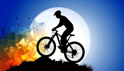 Obraz premium A silhouette of a cyclist riding a mountain bike against a vibrant sky with a large, bright circular element