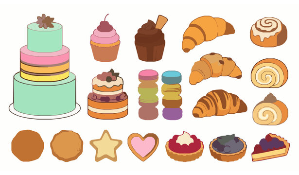Artisan cake and pastry vector set with handmade bakery dessert collection