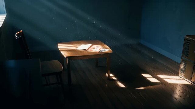 Sunlight Through a Sparse Room: Beams of sunlight cut through the dimness of an empty room, illuminating a simple wooden table and chair.