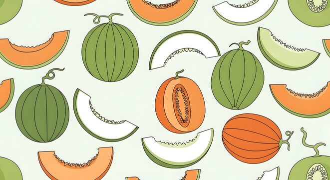 Melons including whole fruits and sliced wedges create a colorful and fresh food pattern on a light surface.