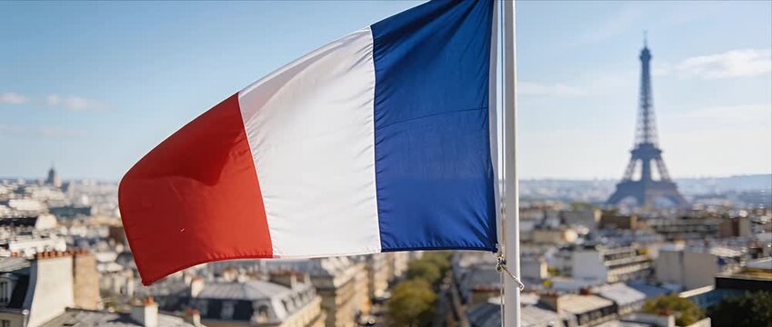 French flag tricolor banner waving in wind over Paris city skyline, patriotic fabric flowing above city rooftop, national colors under bright blue sky and landmark tower skyline
