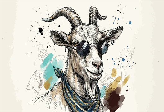 A stylish goat wearing sunglasses and a patterned bandana artistic illustration