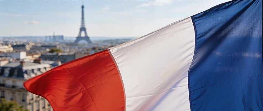 French flag tricolor national flag paris eiffel tower cityscape landmark skyline architecture rooftop view waving in soft daylight patriotic cityscape europe skyline travel monument view