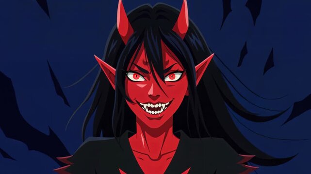 Red Demon Woman: A striking red demon woman with long black hair, sharp horns, and piercing eyes grins with an enigmatic expression, embodying a dark and mysterious aura.