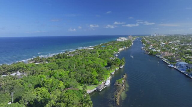 aerial drone view of Hillsboro Beach, Florida with city and ocean