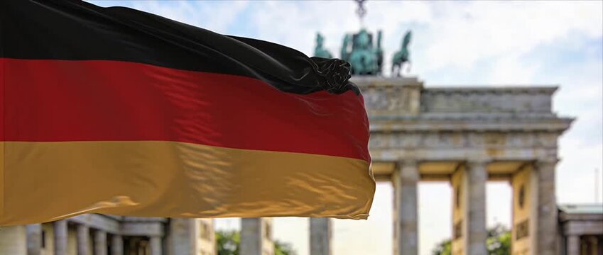 Germany german flag national flag black red gold europe landmark city monument gate travel berlin historic gate monument patriotism pride large smooth moving fabric waving in wind front view scene