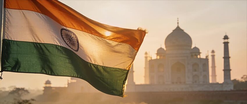 Indian flag india national flag monument sunrise morning travel heritage architecture dome tricolor patriotic landmark waving near iconic white marble monument warm golden haze peaceful sunrise mood