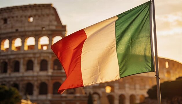 Italian flag tricolor national flag Rome sunset, historic landmark monument and architecture travel tourism scene near ancient arena and Colosseum, warm sunset light creating patriotic atmosphere