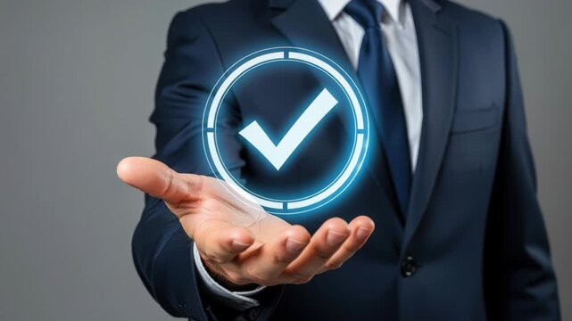 Approved: A businessman holds out his hand, palm up, on which a glowing blue checkmark icon hovers, signifying approval or a task completed, against a professional, understated background.