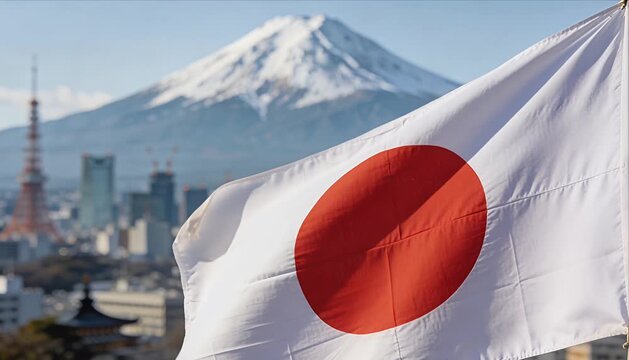 Japan flag japanese flag mount fuji city skyline national symbol red circle white fabric blue sky snow mountain national pride patriotism waving and fluttering near clear sky daytime urban skyline