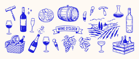 A Toast to Viticulture: A whimsical collection of hand-drawn illustrations celebrating the art of winemaking and enjoyment, from vineyards to the final pour. © Saiid-Designs
