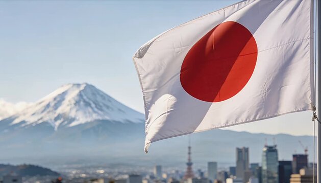 Japanese flag red circle white flag national symbol with snow peak mountain and blue sky cityscape skyline daytime patriotic scene waving proudly over modern urban landscape