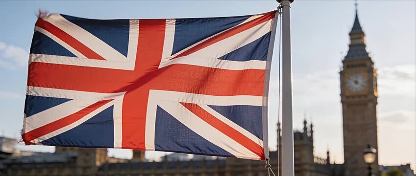 Large united kingdom flag union jack national flag british symbol london landmark clock tower government building windy day patriotic travel union flag large flag national symbol fabric texture city