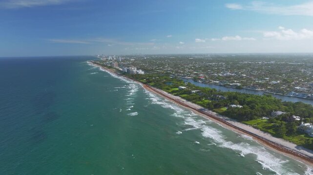 aerial drone view of Hillsboro Beach, Florida with city and ocean