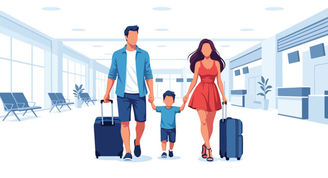 flat vector illustration of happy family walking through airport with suitcases and passports during summer travel vacation adventure