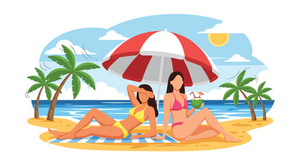 Obraz premium flat vector illustration of friends relaxing under beach umbrella with tropical drinks during summer vacation and travel holiday season