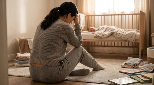 Overwhelmed mother sitting on floor looking down feeling weary anxious and depressed in bright minimalist nursery
