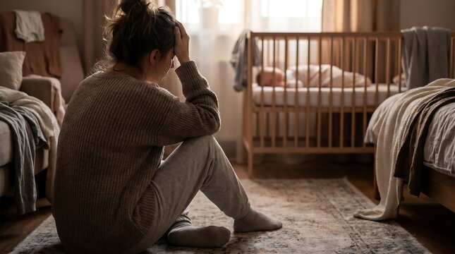 Stressed mother crying next to baby crib suffering from isolation postpartum depression and psychological burnout