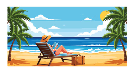 Obraz premium flat vector illustration of traveler relaxing beside ocean with suitcase and palm trees during peaceful summer travel vacation
