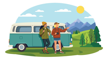 flat vector illustration of traveler standing beside camper van with mountains during summer travel road trip and outdoor adventure © Amie