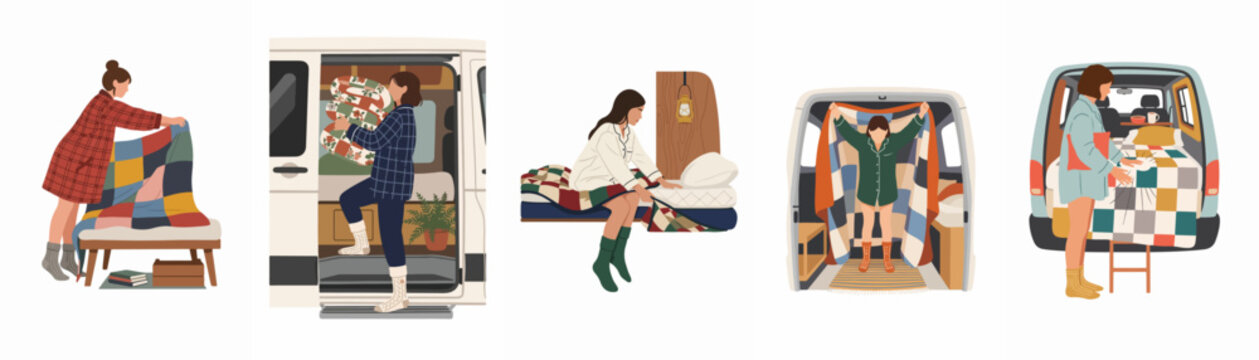 Collection of flat vector illustrations depicting women making beds and enjoying cozy van life with colorful patchwork blankets and quilts.