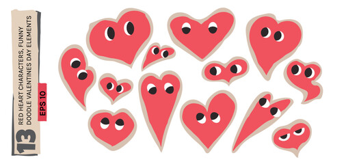 Cute red heart characters set, funny doodle valentines day elements with expressive eyes isolated on white background. © Oksana
