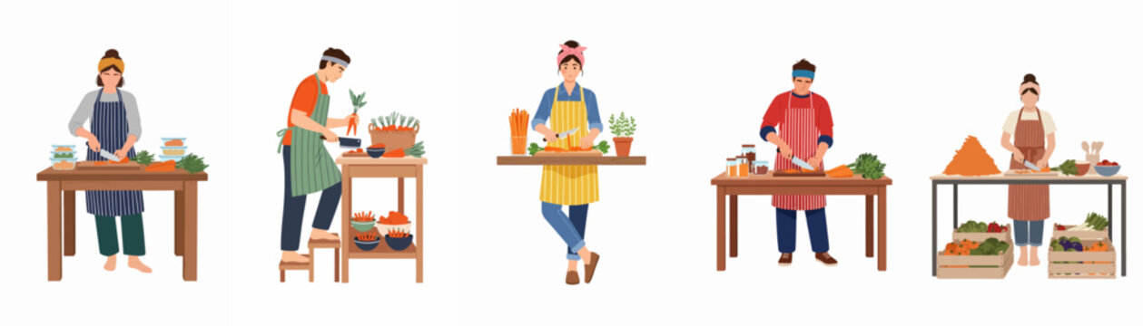 Flat illustration of diverse people in aprons preparing fresh vegetables and carrots at kitchen tables on a white background.
