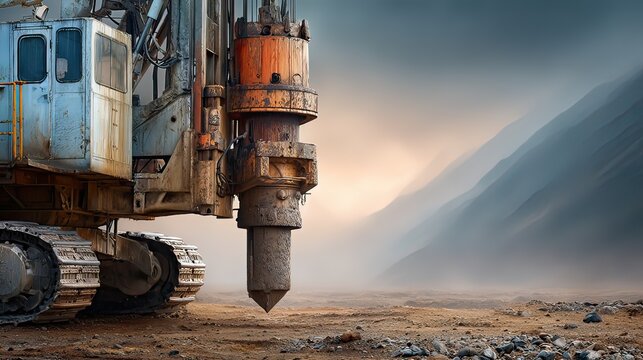 Industrial drill rig construction machine working in rocky terrain under a dramatic sky during sunrise or sunset