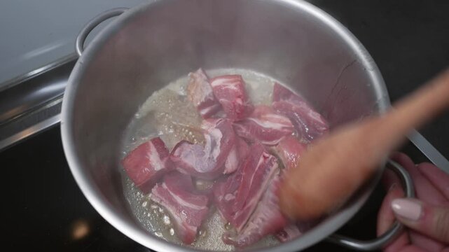 Cooking Meat in Saucepan for Authentic Home Meal